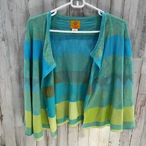 Ruby Road Blue Green Stripe Open Front Cardigan Slight Crop Womens Petite Large